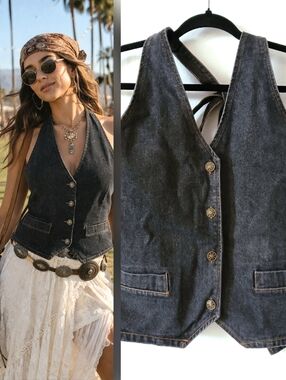LIONESS Revolve THE HILLS Dark Denim Western HALTER Summer TOP Women's Size S M
